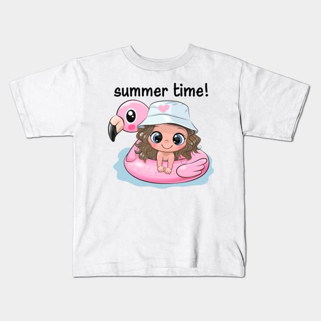 Cute girl in a pink swimming circle. Kids T-Shirt by Reginast777